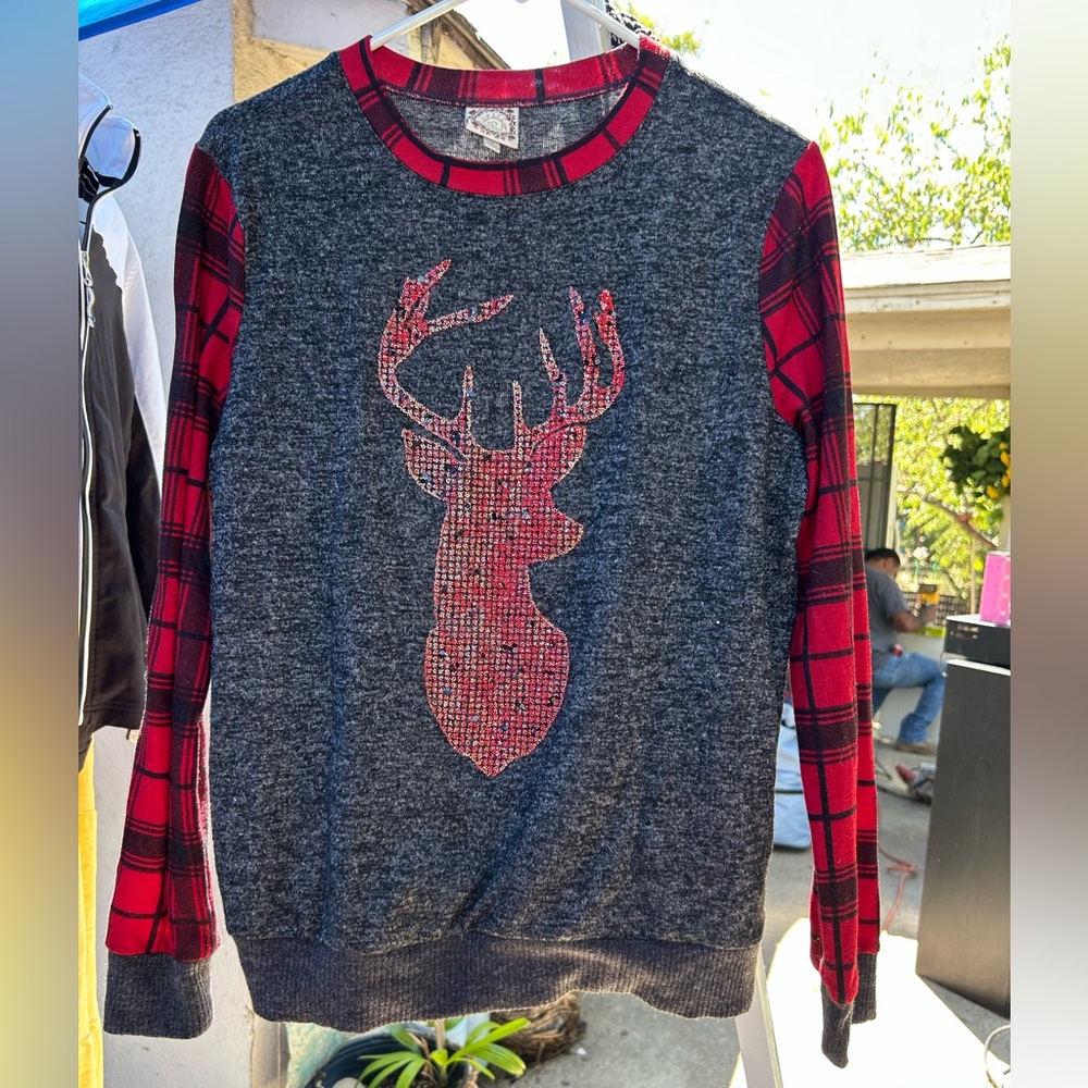 Plaid Sleeve Deer Sweater - Gray and Red